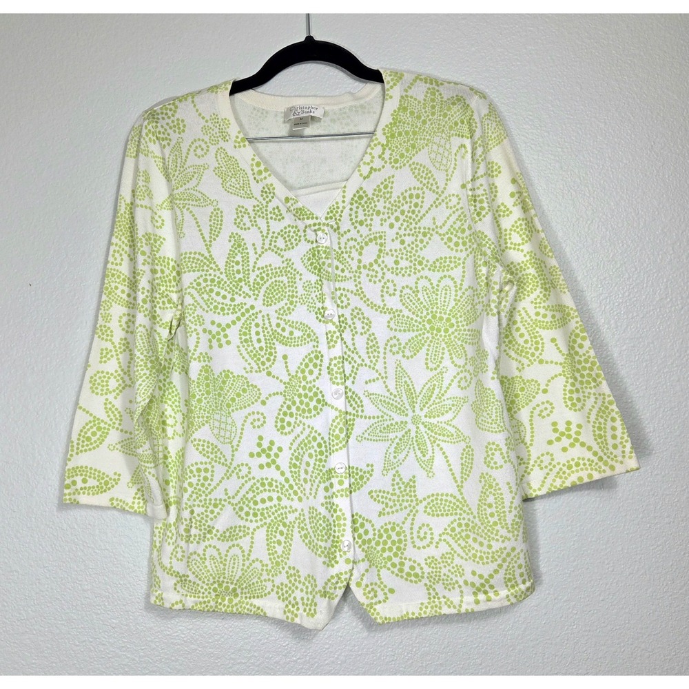 Christopher & Banks Womens Medium Cardigan Lime Green White Floral Dot V-Neck